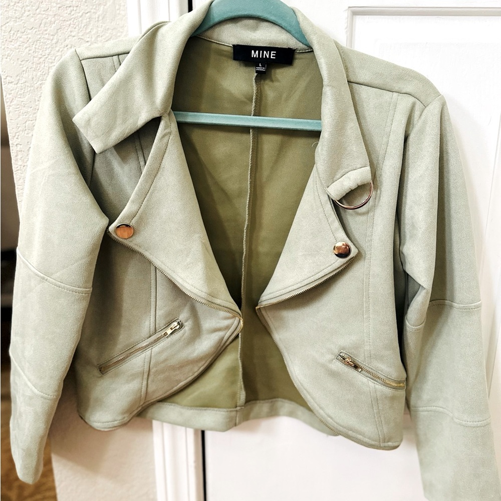 MINE Light Sage Green soft fabric faux suede jacket gold zipper detail.
